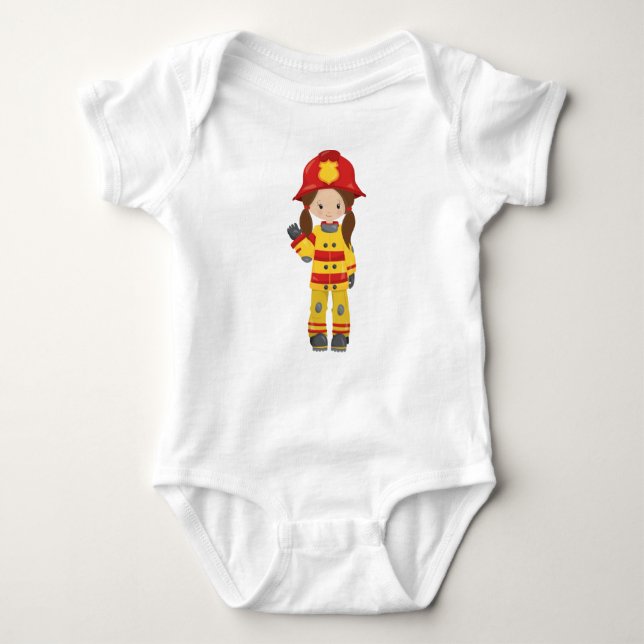 Girl Fireman, Female Firefighter, Brown Hair Baby Bodysuit (Front)