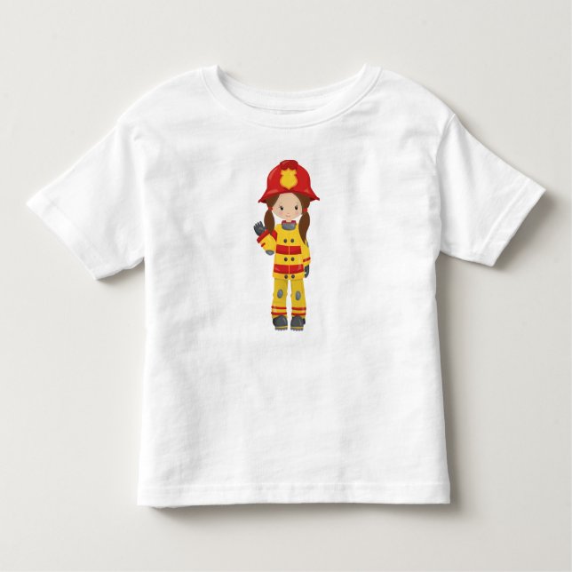Girl Fireman, Female Firefighter, Brown Hair Toddler T-Shirt (Front)