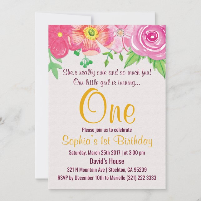Girl First 1st One Floral Birthday Party Invite (Front)
