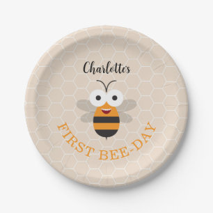Girl First Birthday 1st Bee-Day Cute Honeybee Paper Plate