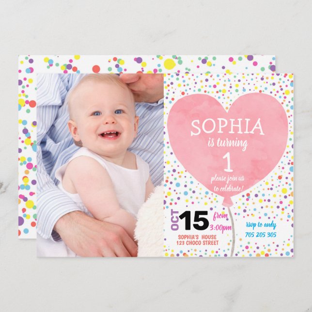 Girl First Birthday Confetti Heart Balloon Photo Invitation (Front/Back)