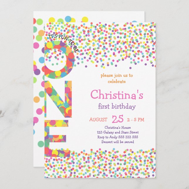 Girl First Birthday Confetti Rainbow Colourful Cut Invitation (Front/Back)