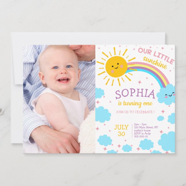 Girl First Birthday Photo Little Sunshine Picture Invitation (Front)