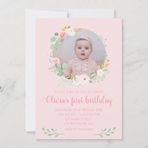 Girl first birthday Pink floral photo Invitation