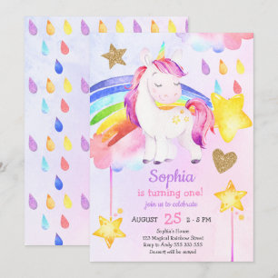 Girl First Birthday Unicorn Rainbow Watercolor Invitation