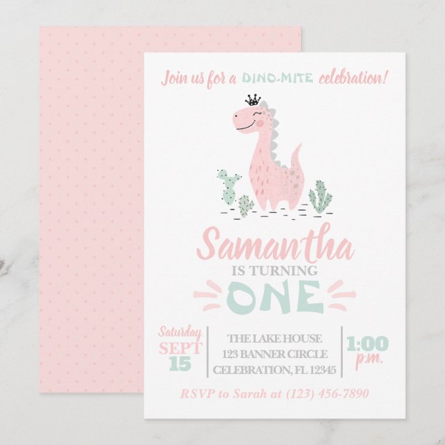 Girl First Birthday Watercolor Dinosaur Invitation (Front/Back)