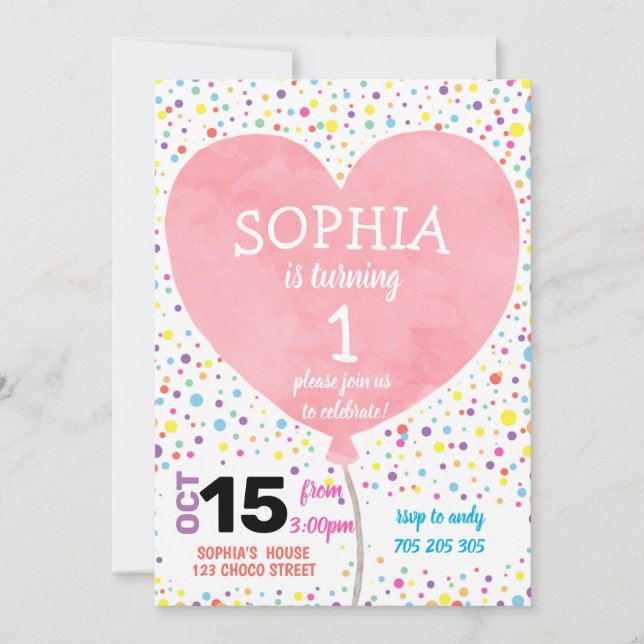 Girl First Birthday Watercolor Heart Balloon Cute Invitation (Front)