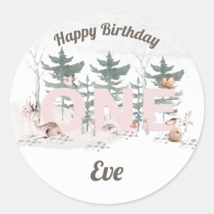 Girl First Birthday, Woodland Animals Pink One Classic Round Sticker
