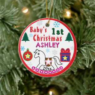 Girl First Christmas PHOTO White Horse Ceramic Ornament