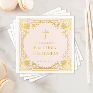 Girl First Communion Blush Pink Faux Gold Cross Napkin