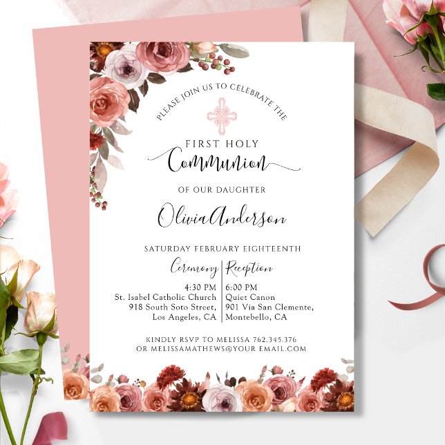 Girl First Communion Blush Pink Floral Invitation (Creator Uploaded)