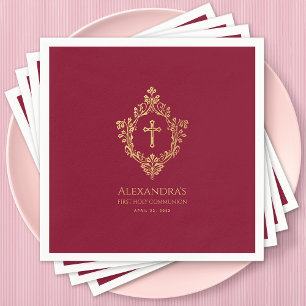 Girl First Communion Burgundy Elegant Gold Crest Napkin