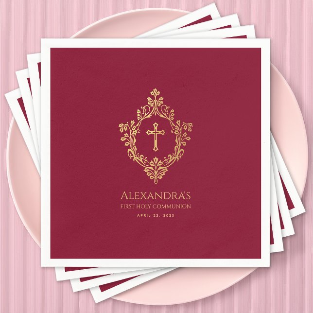 Girl First Communion Burgundy Elegant Gold Crest  Napkin (Creator Uploaded)