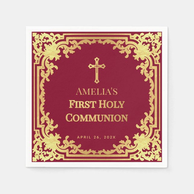 Girl First Communion Burgundy Faux Gold Vintage Napkin (Front)