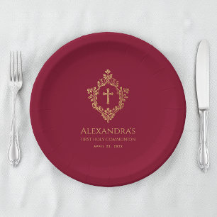Girl First Communion Burgundy Gold Crest Elegant Paper Plate