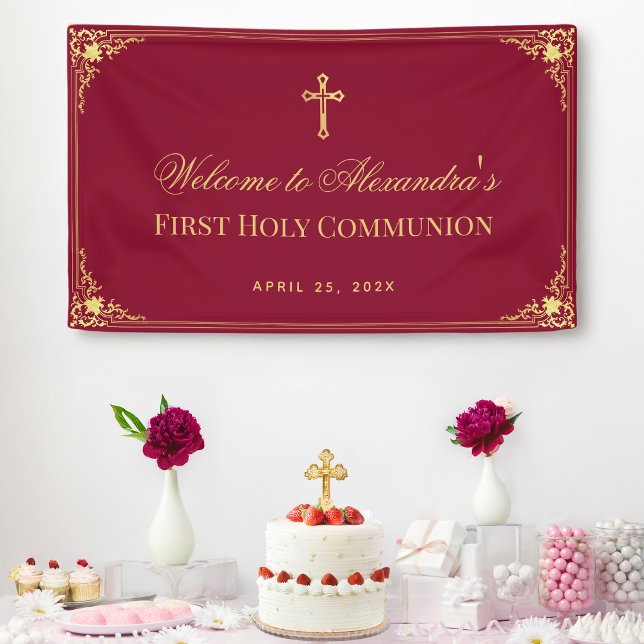 Girl First Communion Burgundy Gold Cross Elegant Banner (Creator Uploaded)
