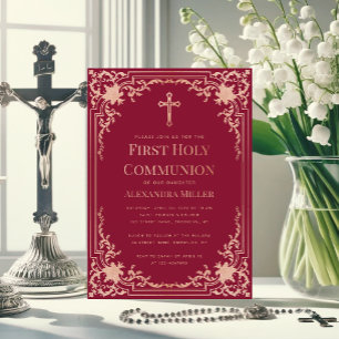 Girl First Communion Burgundy Pink Rose Gold Cross Invitation