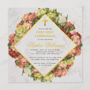 Girl First Communion Carnations Gold Cross Floral Invitation