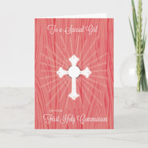 Girl First Communion Cross and Rays on Pink Wood Card