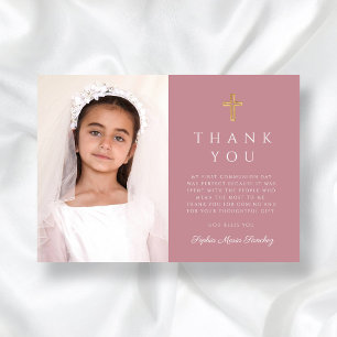 Girl First Communion Dusty Rose Cross Photo Thank You Card