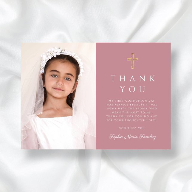 Girl First Communion Dusty Rose Cross Photo Thank You Card (Girl First Communion Dusty Rose Cross Photo Thank You Card)