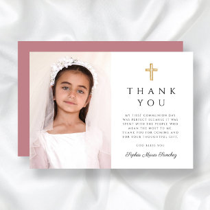 Girl First Communion Dusty Rose Cross Photo Thank You Card
