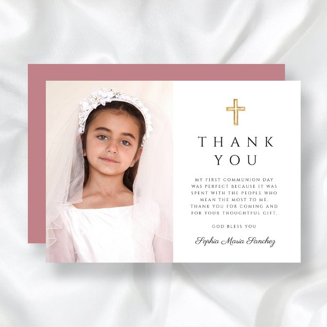 Girl First Communion Dusty Rose Cross Photo Thank You Card (Girl First Communion Dusty Rose Cross Photo Thank You Card)