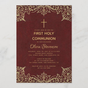 Girl First Communion Elegant Burgundy Gold Vintage Invitation