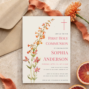Girl First Communion Floral Watercolor Wildflowers Invitation