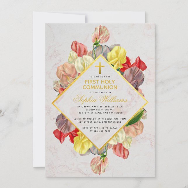 Girl First Communion Gold Marble Sweet Peas Floral Invitation (Front)