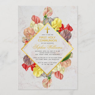 Girl First Communion Gold Marble Sweet Peas Floral Invitation