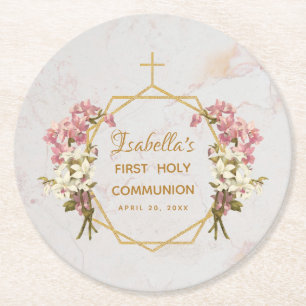 Girl First Communion Marble Pink Orchid Gold Cross Round Paper Coaster