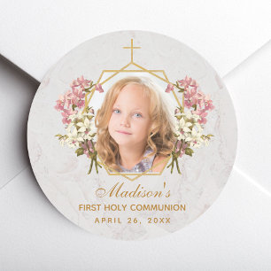 Girl First Communion Photo Floral Pink Orchid Gold Classic Round Sticker