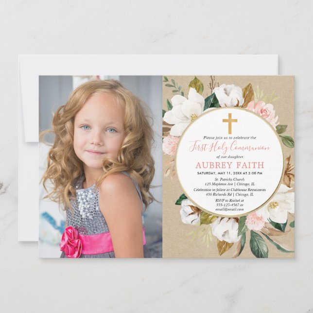 Girl first communion photo invitation rustic (Front)