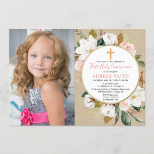 Girl first communion photo invitation rustic