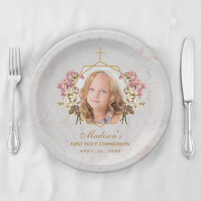 Girl First Communion Photo Marble Pink Orchid Gold Paper Plate (Creator Uploaded)