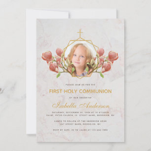 Girl First Communion Photo Pink Magnolia Marble  Invitation