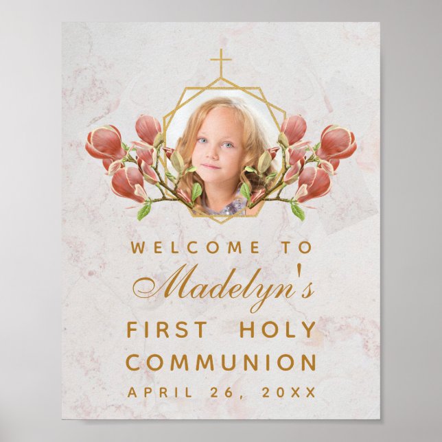 Girl First Communion Photo Pink Magnolia Welcome Poster (Front)