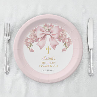 Girl First Communion Pink Bow Floral & Gold Cross Paper Plate