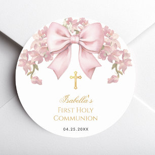 Girl First Communion Pink Bow & Gold Cross Floral  Classic Round Sticker