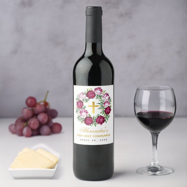 Girl First Communion Pink Burgundy Floral Wreath Wine Label (Creator Uploaded)