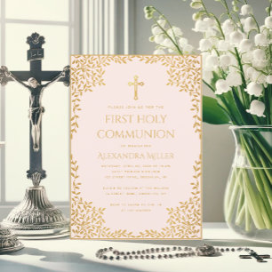 Girl First Communion Pink Faux Gold Leaves Vintage Invitation