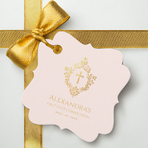 Girl First Communion Pink Faux Gold Vintage Crest Favour Tags