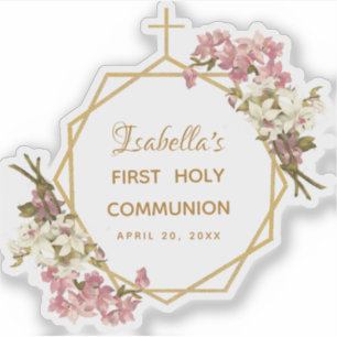 Girl First Communion Pink Orchid Gold Cross Floral