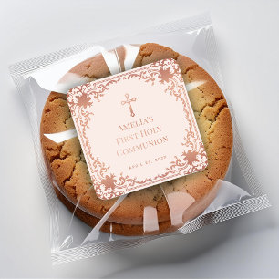 Girl First Communion Pink Rose Gold Cross Vintage Square Sticker
