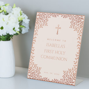 Girl First Communion Pink Rose Gold Leaves Elegant Pedestal Sign