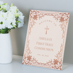 Girl First Communion Pink Rose Gold Ornate Welcome Pedestal Sign