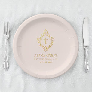 Girl First Communion Pink Vintage Faux Gold Crest  Paper Plate