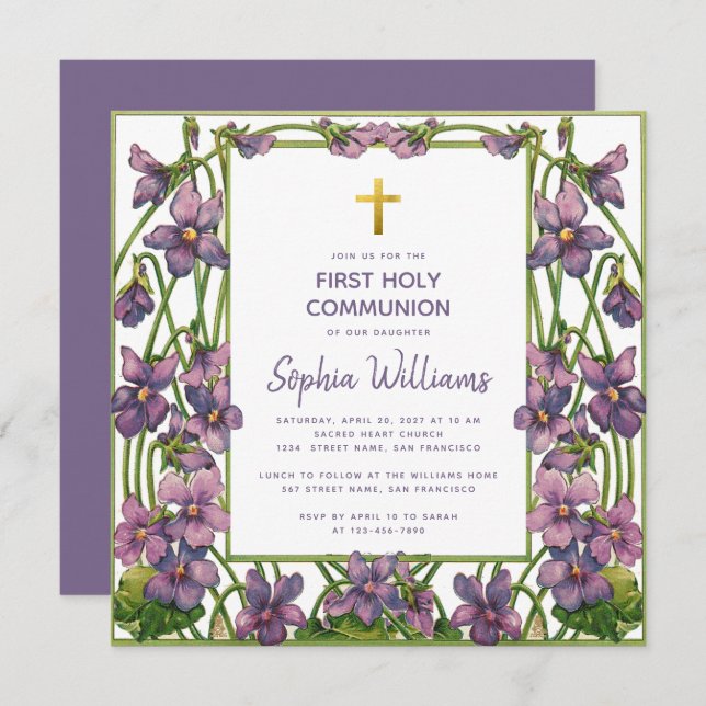 Girl First Communion Purple Green Violets Floral Invitation (Front/Back)