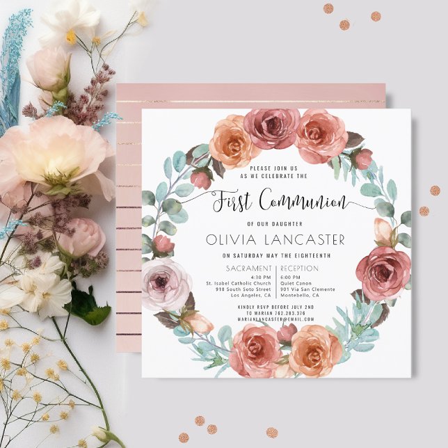 Girl First Communion Rose Gold Blush Floral Wreath Invitation (Creator Uploaded)